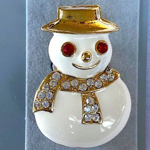 Jeweled Snowman Brooch - faux ruby eyes | Christmas | NEW on Card